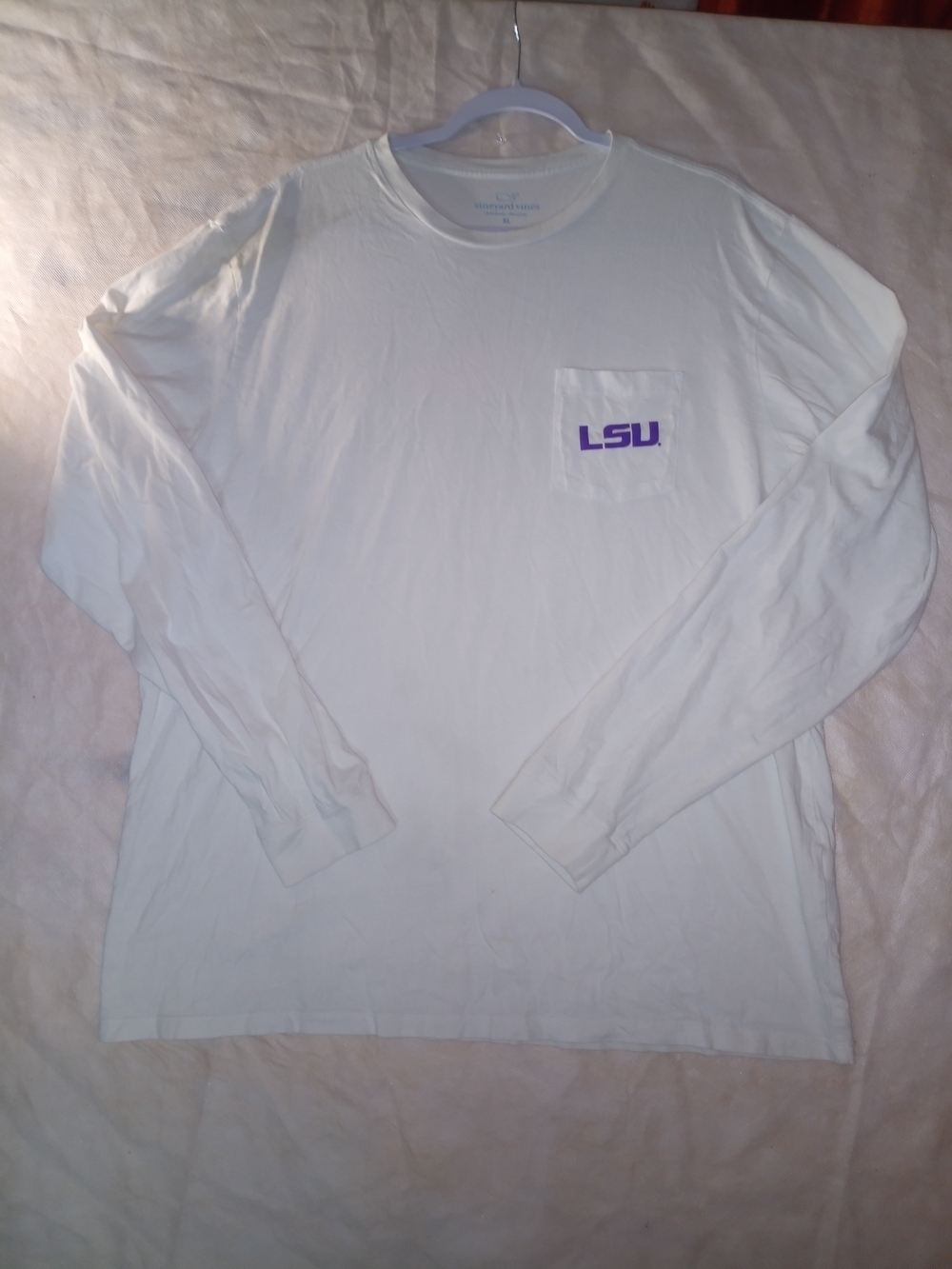 Vineyard Vines White Long-Sleeve Pocket Tee with Purple LSU Logo